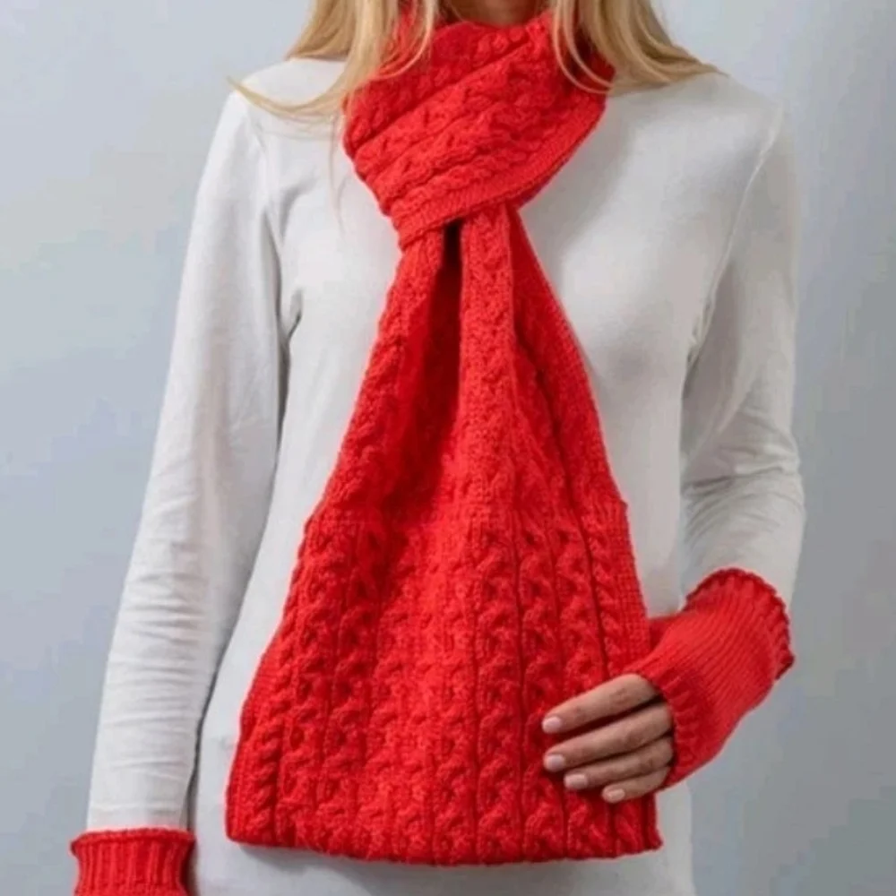 Aran Ireland Irish Merino Wool Pull Thru Neck Scarf Red Coral Cable Knit Nwt